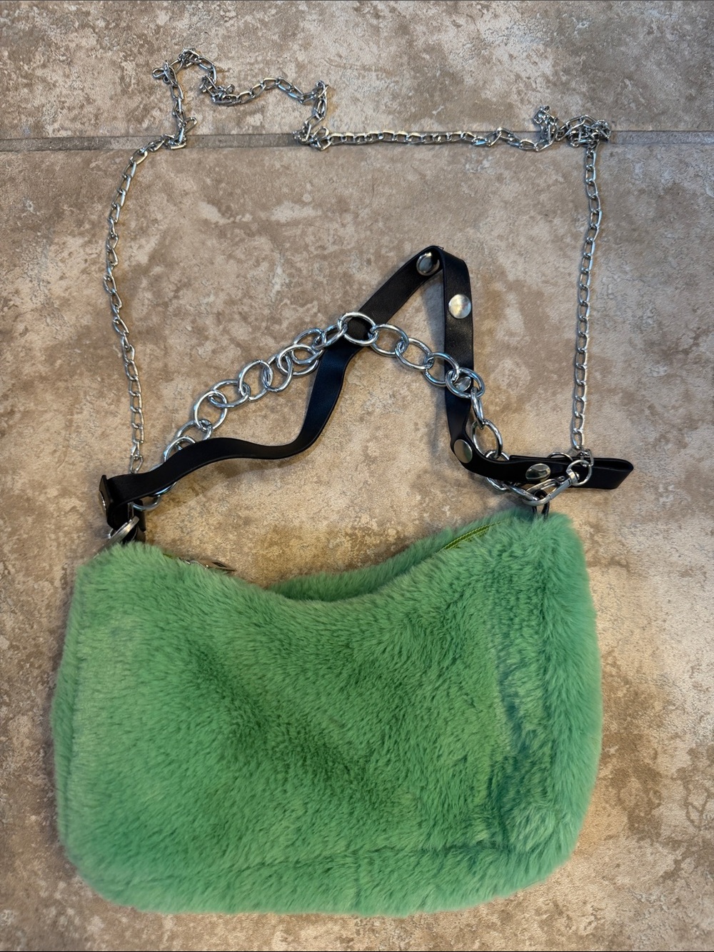 Green Faux Fur Chain Shoulder Bag